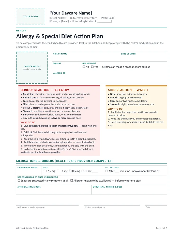 Allergy & Special Diet Action Plan