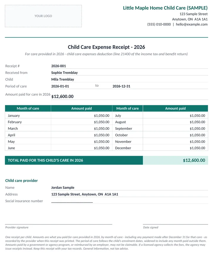 Canadian Money Workbook: CRA child care receipt for one child