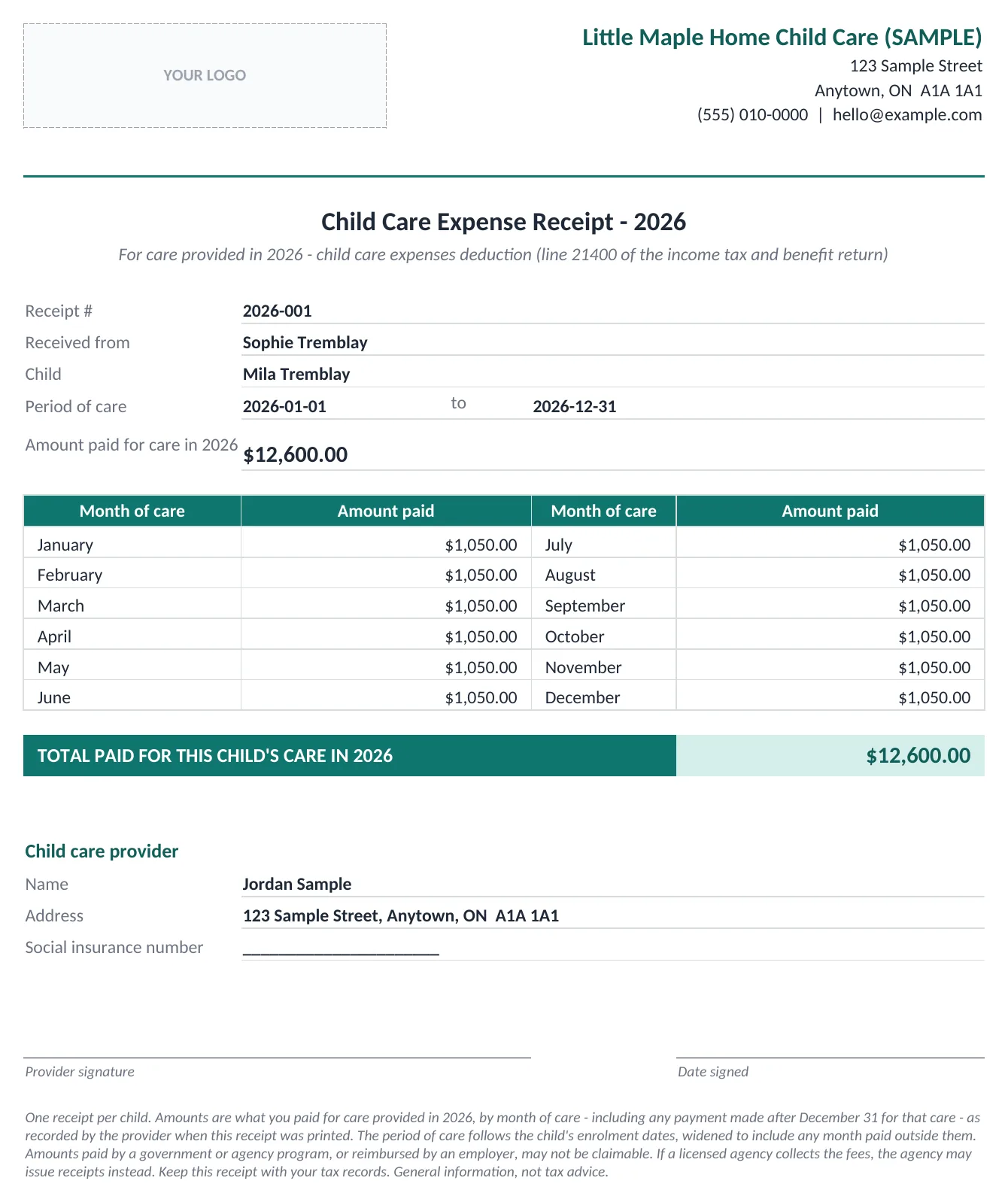 Year-End Receipts tab: a CRA child care expense receipt for one child, with amounts by month of care